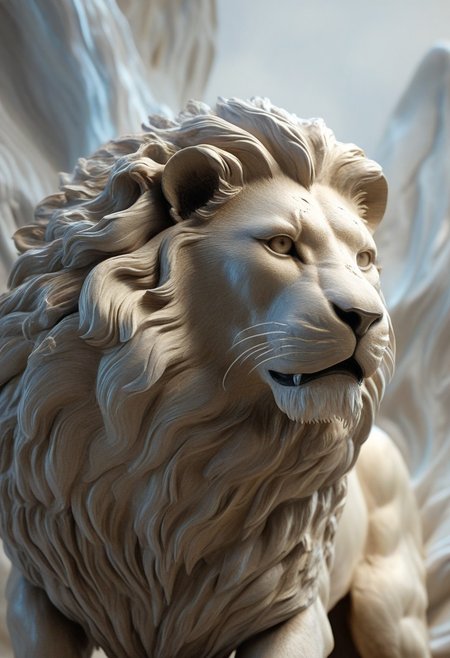 3D render of a majestic lion sculpture, hyper-realistic, intricately detailed fur, powerful stance, dramatic lighting, by Robert Kondo and Paul Komoda, high resolution, polished marble texture, museum quality display, showcasing strength and grace, with a naturalistic background. 
3d-rendering, concept-art, digital, dreaminess, futuristic, multimedia, sculpture, virtual-reality
concept-art, awesome full color, fantasy, epic, majestic, magical, dreamy, perspective, light and shadow, moody, epic, 
beautiful, painterly, aesthetic, textural, vivid, vibrant, intricate details, highly detailed, ultra-detailed, absurdres, 
fflixmj6, WhiteMold