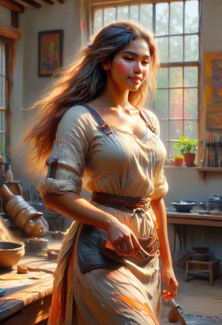 (Oil painting) Khmer woman artisan with glowing clear skin and a gentle smile, standing in a sunlit workshop. She wears a cute, slightly smudged apron, her long hair cascading softly around her shoulders. The warm golden light streams through large windows, casting intricate shadows on her body. Sun-kissed highlights illuminate her face and arms, while soft warm shadows play across the background. The scene captures a romantic atmosphere, inspired by the styles of Winslow Homer and Thomas Eakins.
Strong wiry build, Beautiful sexy busty. Her full lips curve into a gentle smile. Long, silky black hair frames her heart-shaped face.  Strong hands delicately working on an intricate craft piece.  Her graceful magical movements and posture exude confidence and skill. Sun-kissed highlights accentuate her curves.