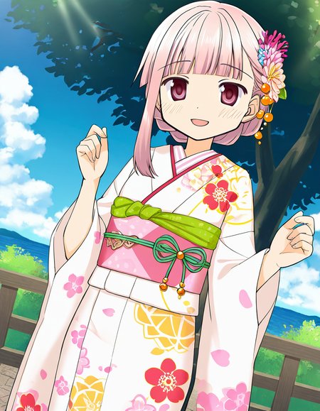 masterpiece, best quality, newest, absurdres, highres, safe, 1girl, tamaki iroha \(haregi costume\), magia record: mahou shoujo madoka magica gaiden, solo, day, outdoors, dutch angle, <lora:tamaki_iroha_noobaiXLNAIXL_vPred10Version:0.7>