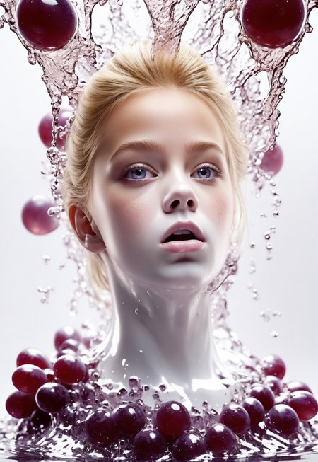 Closeup, highly detailed image, beautiful blonde girl in a white dress, grape jelly around mouth, eccentric, mischievous look, action shot, dynamic image