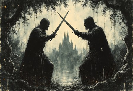 Two mercenary knights dueling furiously with longswords under a willow tree, their blades clashing and creating sparks. A gothic castle stands proud in the background. Dynamic motion. Highly detailed. 8k resolution. Wide angle distant shot. Jedcyb3r, Jedspl4tt,
