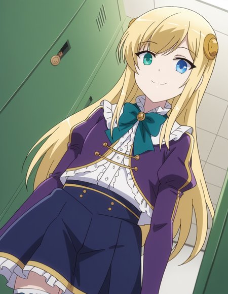 score_9, score_8_up, score_7_up, source_anime, <lora:yumina-belfast-urnea-s2-ponyxl-lora-nochekaiser:1>, yumina belfast urnea, long hair, blue eyes, blonde hair, hair ornament, green eyes,, skirt, thighhighs, purple sleeves, frills, white skirt, skirt, blue skirt, frilled skirt, bowtie, green bowtie, frilled center, school hallway, lockers, between classes, everyday life, smile, from below, looking at viewer, solo,, dutch angle, cowboy shot