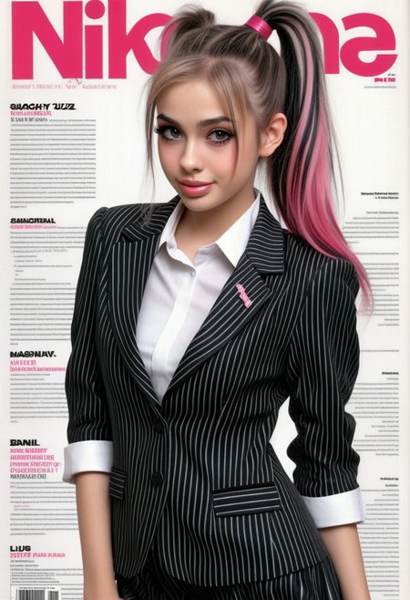 24yo beauty UZ_THIN posing on magazine frontpage, wearing <striped business uniform>