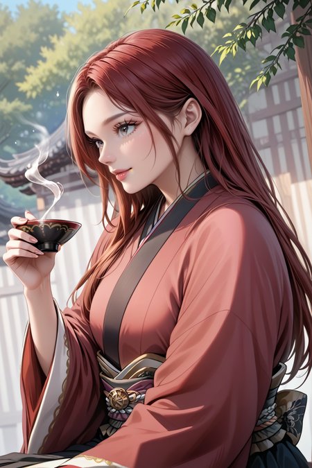 score_9, score_8_up, score_7_up, masterpiece, high quality, extreme detail, absurdres, (detailed skin texture) BREAK, realistic
 <lora:Flower Sword Mo BiyoungPonyLoRA:1>mobiyoung, long hair, hakama, obi, wide sleeves, long sleeves, sitting, holding cup of sake, happy