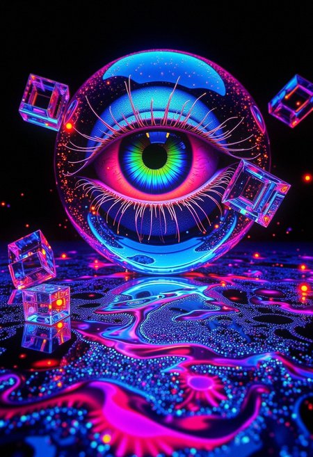 A massive, floating eye slowly rotates in an endless void, its iris pulsating with shifting neon colors. Surrounding it, geometric shapes orbit in rhythmic patterns, each form dissolving and reforming in mid-air. Transparent cubes filled with liquid light hover nearby, their surfaces rippling with fractal reflections. Lines of bo-psychedelic energy flow between the objects, distorting space as they pass through. As the eye blinks, the entire scene warps into new abstract forms, twisting reality into a mesmerizing display of surreal visuals.                 , Kodak Vision3 IMAX, <lora:Flux\boFLUX Psychedelic Surrealism v1.safetensors:1.0:1.0>
