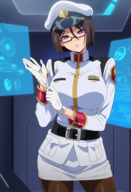masterpiece, best quality, highres, absurdres, very awa, bloom, sidelighting, (anime screenshot:0.8), anime coloring, (game cg:0.8), 
Edwards Zenia, 1girl, solo, standing, contrapposto, upper body, adjusting Gloves, hand up,
looking at viewer, head tilt, parted lips, 
short hair, brown hair, purple eyes,  glasses,
naval uniform, white uniform, brown pantyhose, black belt, white gloves, peaked cap, pencil skirt, white skirt,
large breasts, thighs, curvy,
indoors, spacecraft interior, space station, personal terminal, holographic monitor, ads, neon lights, planet, asymmetrical background, ceiling light,
 <lora:Edwards Zenia 3216 NoobAIXL Vpred:1> 5 fingers