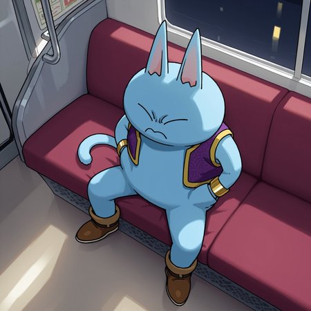 2d, Nekomajinz, cat, no nose, blue fur, eyes closed, tail, solo, male, 1boy

BREAK purple vest, no undershirt, brown shoes, golden bracelet, bottomless, 

BREAK sitting, inside train, inside, hands in pockets, irritated expression, frown, from above, best quality, amazing quality, very aesthetic, absurdres, newest, masterpiece, night