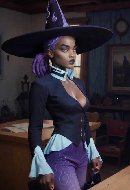 score_9_up, score_8_up, score_7_up, (source_photo, explicit photography, photo, realistic, photography, real life) cinematic shot, dynamic view, ambient light, female, BREAK, h3l3n3, dark-skinned female, very dark skin, breasts, black lips, medium breast, purple hair, purple eyes, dreadlocks, witch hat,  pants, high heels, cleavage, makeup, plunging neckline, lipstick,