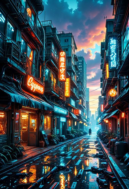 SmoothNoob_Quality, science fiction, no humans, HDR, cyberpunk, mountainous horizon, neon lights, cityscape, skyscrapers, landscape, twilight, very intricate, scenery, very detailed, sharp, bright, colorful, industrial, houses, tall buildings, pollution, street, lamppost,​​​ <lora:Smooth_Booster:0.5>​​​