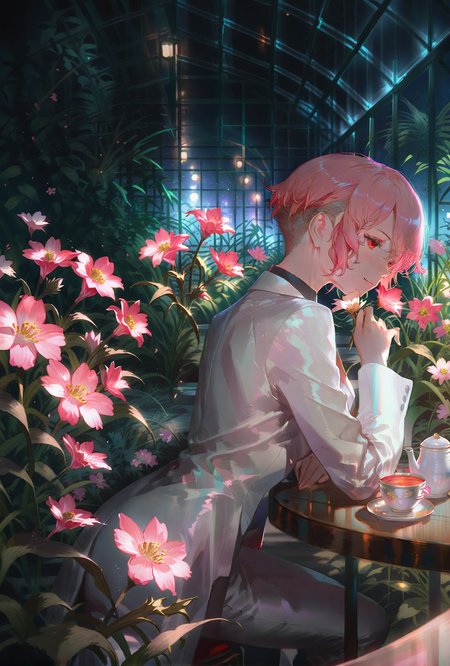 Masterpiece, Best Quality, absurdres,
1girl, pink hair,garden,greenhouse,
<lora:add-detail-xl:1>, <lora:nyalia_NoobXL:0.3>, <lora:cutesexyrobutts_style_illustrious_goofy:0.2>, usnr, <lora:USNR STYLE_XL_loha:0.9>, <lora:ponyv5_noobV065S_1_adamW:1>,  <lora:lily_style_xl:1>,
