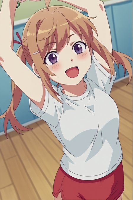 score_9, score_8_up, score_7_up,anime_source, source_anime, best background, detailed background, anime screencap,  Milky, Sport Outfit, indoors, shirt, solo, blush, happy, dynamic angle, dynamic pose, arms up, dancing, <lora:JN_Milky:0.8>