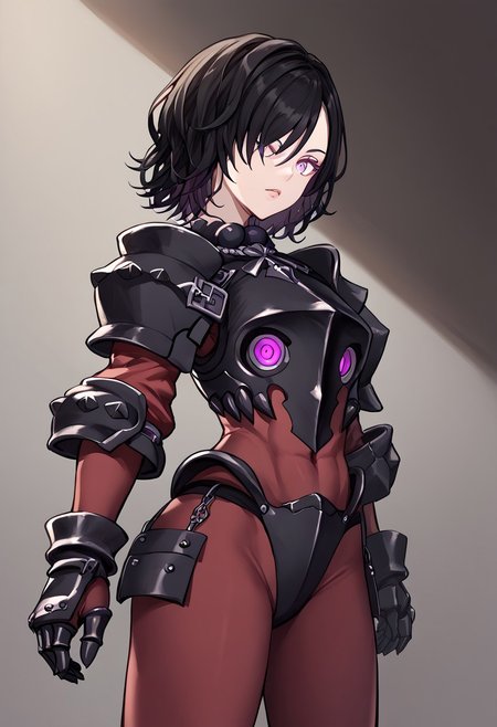 score_9, score_8_up, score_7_up, score_6_up, score_5_up, score_4_up, source_anime, solo, 1girl, 
berengaria, black hair, short hair, purple eyes, hair over one eye, maroon bodysuit, long sleeves, black armor, gauntlets, 
masterpiece, best quality, very aesthetic, absurdres,