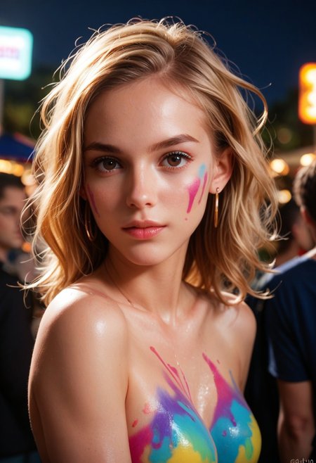 score_9, score_8_up, score_7_up, score_6_up, 
1girl, 25 years old, 
dark eyes, looking at viewer, 
blond hair, messy hair, 
earings,  bare shoulders,
fluorescent body paint, night party,
depth of field, film grain,