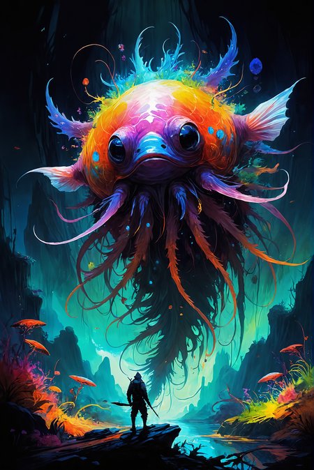 (dark fantasy) ,Fauvism Art of famous artwork inspired by (ori and the blind forest:1.1) and (archan nair:1.2) and (steve prescott:1.2), (dramatic scene:1.4), (fractal art:0.7), fantasy style, dynamic angle, this (bioluminescent organism:1.3), the "mesmerizing flurbfish" with its iridescent hide hunts dimarified (colorful insects:1.3) in the (lush desert oases:1.1) on planet "underheim iv", its diggerbranded body casting a soft, pulsing glow on the jetcurbled surroundings , rpg, gothic, medieval, dark Olivier Valsecchi, Albert Benois, Samuel Peploe, <lora:add-detail-xl:1> > <lora:more_details:1>, painterly, bold colors, textured brushwork, fauvism art