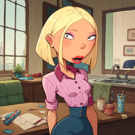 score_9, score_8_up, score_7_up, 1girl, Courtney, blonde hair, short hair, bob cut, makeup, lipstick, small breasts, narrow waist, wide hips, looking at viewer, highres, high quality, masterpiece, <lora:Courtney_Gripling:0.9>
