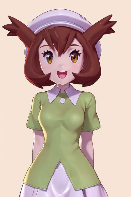 score_9, score_8_up, score_8, medium breasts, (curvy), cute, eyelashes,       BREAK, , zzBianca, brown hair, brown eyes, medium hair, hair between eyes, short sleeves, green shirt, collared shirt, white hat, skirt, white skirt, <lora:Bianca_PokemonHeroes_PDXL_v2:0.7>,, BREAK, smile, looking at viewer, cowboy shot, embedding:zPDXL, Expressiveh, <lora:Zy0n7_PDXL:1.0>,  <lora:SDXLFaeTastic2400:0.5>,  <lora:Expressive_H-000001:0.4>,