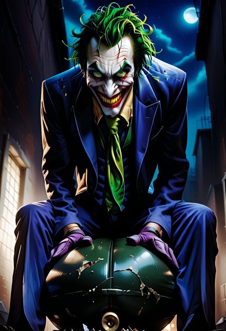 Score_9, score_8_up, score_7_up, rating_explicit, uncensored,  
Break, 
the joker, 1boy, solo, green hair, suit, smile, formal, necktie, gloves, green eyes, messy hair,
Break,
Joker outfit
Break, 
(sitting on bomb:1.4), (leaning forward:1.4)
Break, 
(below view:1.5), (crazy expression:1.3), (crazy eyes;1.3), 
Break,
(Dark alleyway background:1.5), 
Break,
(Painstakingly detailed:1.5), (8KHD), (professional artwork:1.4), (amazingly realistic:1.4) 
Break,
(dark dramatic lighting:1.2), (night time:1.5), dramatic chiaroscuro lighting, 
Break, 
easynegative, ng_deepnegative_v1_75t, Expressiveh, verybadimagenegative_v1.3, Cinematic Hollywood Film Style