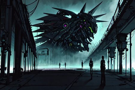 highly insanely detailed, masterpiece, top quality, best quality, highres, 4k, 8k, RAW photo, (very aesthetic, beautiful and aesthetic),  
tsutomu nihei,nihei_tsutomu,blame!,blame gakuen!,abara,TNstyle,sidonia_no_kishi,fence,star \(sky\),starry sky,gauna,gauna mech,dome,air conditioner,lantern,dark sky,black sky,foggy,fog,smoke,mist,wire,drainpipe,ventilation fan,ventilation shaft,cables,tubes,industrial pipes,bridge,concrete walls,metal walls,buildings,walkway,tentacles,letterboxed,flock, 
<lora:blameLora_v10:0.7>, 
(1girl:1.3), 
solo focus, 
pure purple background,pure green background,(multicolored background,neon color background,rainbow background),âââ