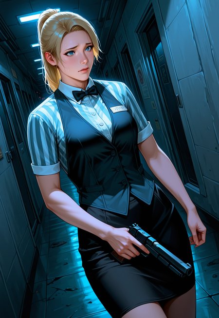 masterpiece, best quality, detailed, realistic, dutch angle, worried, 1girl, solo, Cindreo, blonde hair, ponytail, striped shirt, vest, skirt, bowtie, name tag, holding gun, hallway, at night,