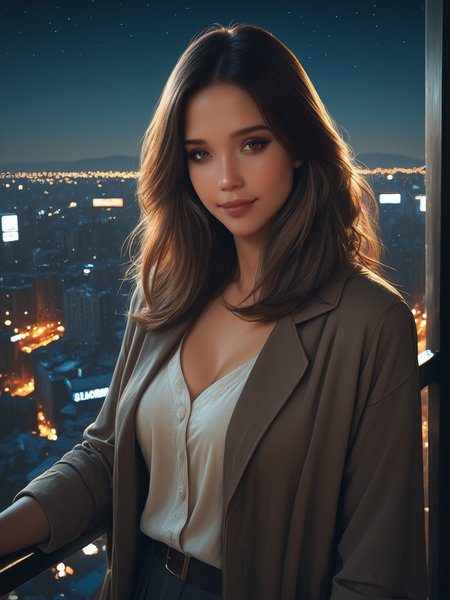 masterpiece, best quality, very aesthetic, dynamic lighting, realistic, 1 woman, solo, cinematic, <lora:JAlbDS:1> JAlbDS, brown eyes, looking at viewer, <lora:MoriiMee_Gothic_Niji_Style_Illustrious_r1:0.5> <lora:Beautiful_Girls_V4:0.5>, out on a midnight walk, suggestive, cowboy shot, graceful, slight smile, sleeping city, night, magical sky