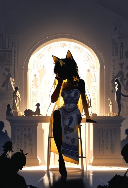 nsfw, (masterpiece, best quality), (score_9, score_8_up, score_7_up,source_anime), 4K8K, high res image, Uncorrected, white print, lineart print, print, 
from front, Porcelain wall, 
Ankha_(Animal_Crossing),(solo), (silhouette Ankha solo:1.3), 
(animals), silhouette, backlit, backlighting, dark night, Porcelain Mix Gold, pmg style, 
(golden lines, white silhouette skin, Skin like porcelain), 
 sitting, bent over, spreading legs, hand on cheek, standing on elbows, 
(small stature, petite:1.3), (breasts:1.1), (white hair, verry long hair, cat ears),
(wearing Porcelain clothing, Porcelain Egyptian-style dress),