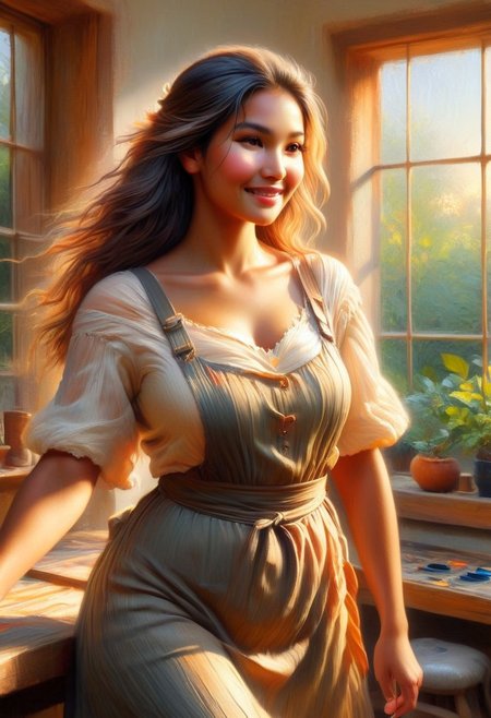 (Oil painting) Khmer woman artisan with glowing clear skin and a gentle smile, standing in a sunlit workshop. She wears a cute, slightly smudged apron, her long hair cascading softly around her shoulders. The warm golden light streams through large windows, casting intricate shadows on her body. Sun-kissed highlights illuminate her face and arms, while soft warm shadows play across the background. The scene captures a romantic atmosphere, inspired by the styles of Winslow Homer and Thomas Eakins.
Strong wiry build, Beautiful sexy busty. Her full lips curve into a gentle smile. Long, silky black hair frames her heart-shaped face.  Strong hands delicately working on an intricate craft piece.  Her graceful magical movements and posture exude confidence and skill. Sun-kissed highlights accentuate her curves.
