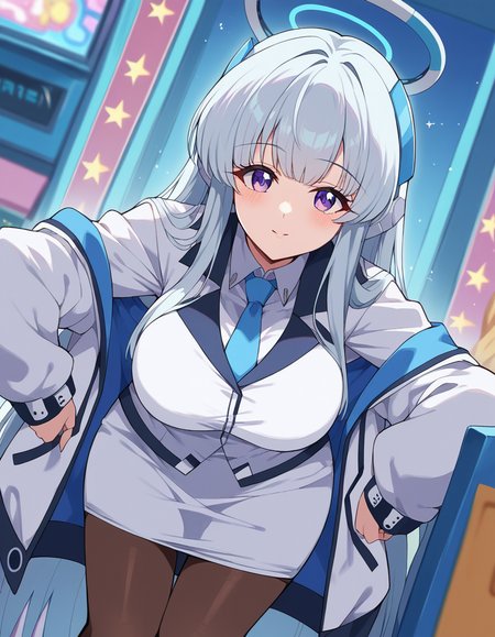 score_9, score_8_up, score_7_up, source_anime, <lora:noa-ushio-ponyxl-lora-nochekaiser:1>, noa ushio, purple eyes, grey hair, blunt bangs, long hair, sidelocks, large breasts, mature female, blue necktie, halo, headphones, long sleeves, mechanical halo, necktie, pantyhose, shirt, skirt, suit, two-sided fabric, two-sided jacket, uniform, white jacket, white shirt, white skirt, white suit, arcade, games, lights, fun, retro, , leaning forward,, looking at viewer, solo,, dutch angle, cowboy shot