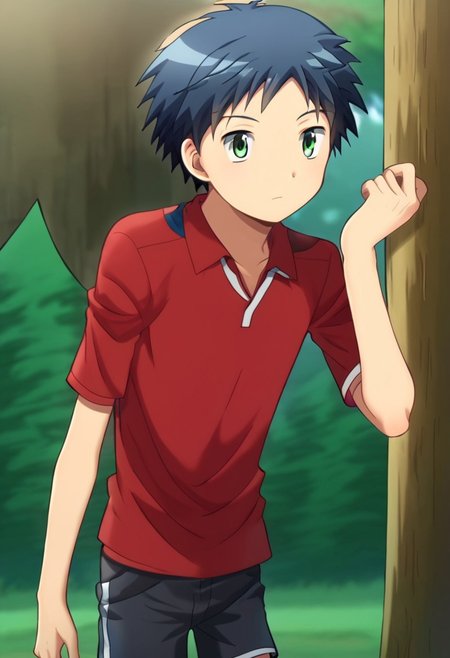 blond hair, short hair, bangs, green eyes, young man, 1boy, solo, solo focus, (kenji's hair:1.1), (tomohito's body:1.20), red shirts, black shorts