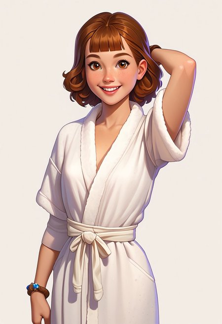 score_9, score_8_up, score_7_up, cgasfcg, masterpiece, best quality, detailed eyes, detailed face, perfect eyes, high detailed, absurdres, highres, casual game art, mobile game art, merge 3 game art, character design, Casgas, BREAK 1girl, woman, young, solo, smile, freckles, small breasts, brown medium hair with blunt bangs, brown eyes, white bathrobe, white bathrobe with a tied belt at the waist, brown bracelet on the left arm, right arm raised and bent at the elbow, left arm at the hip, looking at viewer, standing, cowboy shot, semi-sideways, half-sideways, simple background, white background