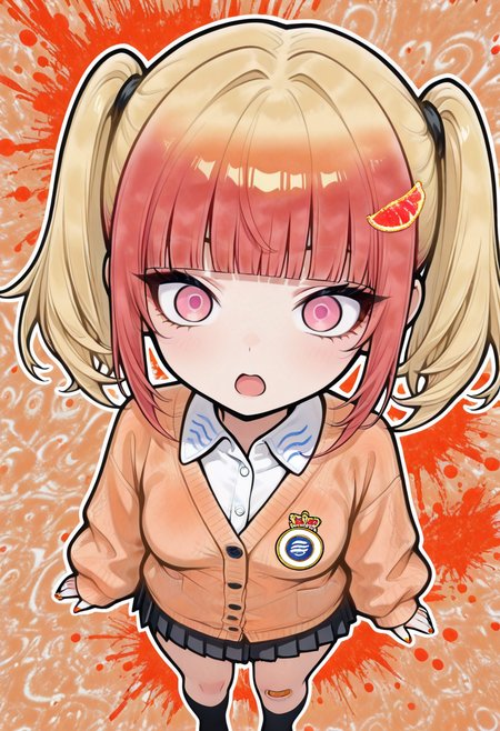 masterpiece, best quaility, graphic design, vibrant colors, b4lt1k40g, 1girl, solo, medium hair, twintails, blunt bangs, multicolored hair, gradient hair, red hair, yellow hair, hair ornament, pink eyes, orange cardigan, collared white shirt, black pleated skirt, bandaiid on knee, nail polish, small breasts, (chibi:1.4), shortstack, from above, high angle, looking at viewer, wide open mouth, wide open eyes, orange theme, abstract background, shocked, small body,