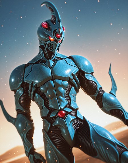 perfect depth of field shot, masterpiece, beautiful, sharp focus, crisp details,
<lora:Guyver_(Guyver)_(Illustrious)_(AD):1> Guyver, bioboosted armor, 
exterior, science fiction, high science fiction, action anime style background, 
dynamic action, dynamic perspective, dutch angle, bent knee, cowboy shot, 
male focus, perfect proportions, abs, impressive physique, gradient style anime coloring, strong, handsome facial features, imposing presence, ((colored body, fighting scene, solo, ):1.5), hyper muscular,
EZRealPONYXL, zPDXL, Smooth Quality, lazynsfw,