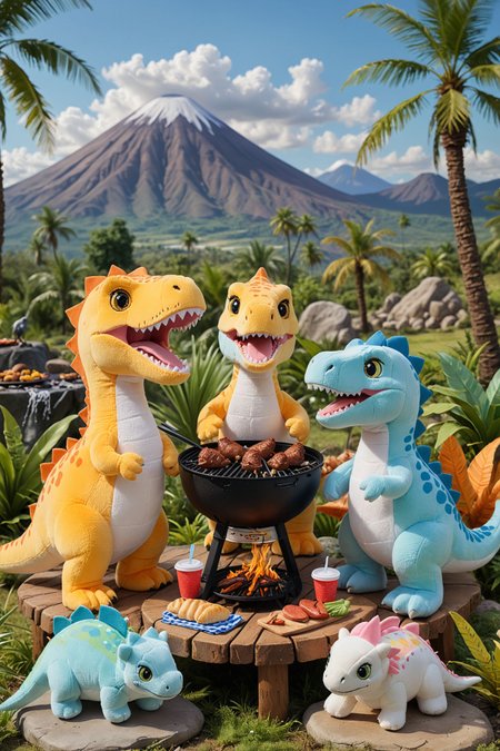 A plush dinosaur family having a barbecue picnic in a prehistoric valley. The scene is playful and colorful, with palm trees, volcanoes in the distance, and other plush dinosaurs playing games. The baby dinosaurs are eagerly watching the food being grilled. 
intricate details.
(masterpiece, award winning artwork)
many details, extreme detailed, full of details,
Wide range of colors, high Dynamic
 <lora:woafu_plushify_sdxl_v02:1.1> plushify, character stuffed toy, chibi <lora:add-detail-xl:1> <lora:WildcardX-XL-Detail-Enhancer:0.85> <lora:xl_more_art-full_v1:0.3>