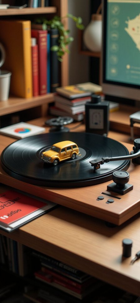 (indoors,indoor,isometric view,side view,tilt-shift lens:2), (in the style of ck-sfc,fna_style,fna_style,a scene from a pop-up,card letter:2), (turntable :1.5),(opened turntable on vinyl record and  modem car on vinyl record :2) (on table at study:4) <lora:Fantasy_Novel_Art_Style:1><lora:ck-plastic-models:1> <lora:Pop-up_Book_Papercraft_Plotter_FLUX:1>