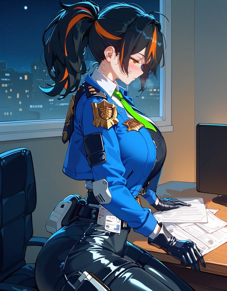 (score_9,score_8_up,score_7_up), masterpiece, best quality, Expressiveh, 1girl, orange yes, (black eyelashes),  black hair, two tone hair, streaked hair, bangs, ponytail, (cute face:), (perfect hands), shiny skin, sweat body, (big breasts), wide hips, thick thighs,
zzzzhuyuan, cropped jacket, gloves, blue jacket, green necktie, collared shirt, pants, bodysuit, uniform, police, police uniform, long sleeves, black vest, white shirt, collared shirt, green necktie, black gloves, black pants, belt,
expressionless, blush,
window, foggy atmosphere, dimly lit streets, misty haze, glowing storefronts, night, moonlight, night sky, steam:1.4, (moon:1.2), solo,
on office, sitting, (from side), (looking down:1.4), drawing, on office desk, office chair, papers, 
<lora:Expressive_H:0.8>, <lora:zzzzhuyuan.pony:0.85>, <lora:AIã¤ã©ã¹ããããã:0.65>, <lora:QTY-Pony_DetailV2.0:0.8>,