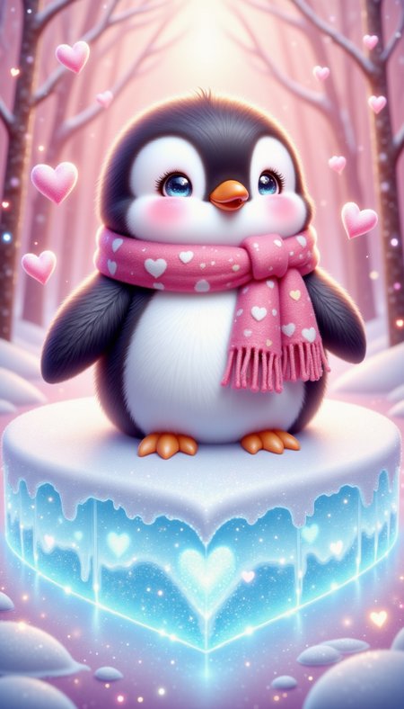 pinkchibivalentine, 
A chibi penguin wearing a heart-patterned scarf, standing on a sparkling ice rink shaped like a heart. Snowflakes shaped like tiny hearts fall gently around it.