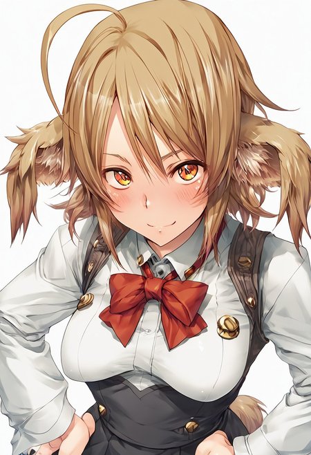 score_9, score_8_up, score_7_up, score_6_up, score_5_up, score_4_up, BREAK,  <lora:cmarket0826-sdxl-000028:1>, noa riads, 1girl, solo, breasts, blush, smile, short hair, simple background, brown hair, long sleeves, fluffy tail, ahoge, animal ears, dog ears, medium breasts,  swept bangs
shiny skin, school uniform, red bowtie, white shirt, black skirt, hands on hips, frown, blush, looking at viewer,
upper body, Eye focus
Artist Style: Urushihara Satoshi