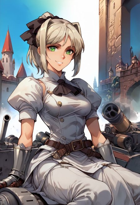score_9, score_8_up, score_8, score_7_up, score_7, anime of hmkshll, green eyes, platinum blonde hair, high ponytail, bangs, sidelocks, hair ribbon, knight dress, gauntlets, belt, medium breasts, castle, posing for a photo, facing viewer, looking at viewer, female focus,  (dynamic lighting:1.1), Sitting on a Cannon, , looking at a Cannon, Culverin, smiling ,  ground vehicle, military vehicle,bslskspg, basilisk, Basilisk Self-propelled Gun 
((masterpiece))