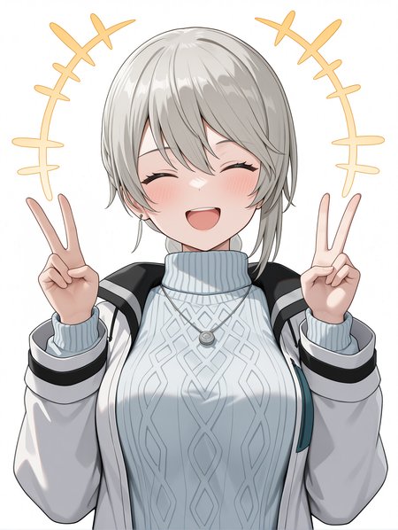 masterpiece,best quality,newest,
1girl,solo,
<lora:ADELAIDE_BLUTHAUSEN_ilxl_v1.0:1>,a_bluthausen,grey hair,braided ponytail,
s_nase,necklace,white jacket,long sleeves,turtleneck sweater,ribbed sweater,
<lora:Fixhands_anime_bdsqlsz_V1:1>,looking_at_viewer,white_background,simple_background,double v,upper_body,laughing,closed eyes,light_blush,happy aura,\ | /,