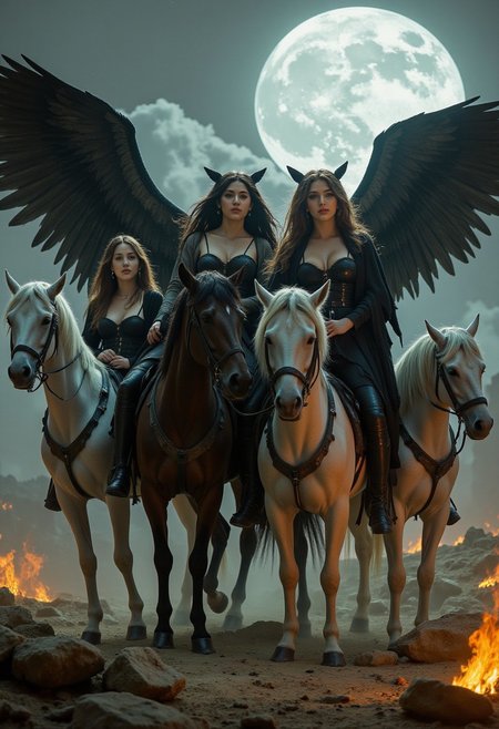 four beautiful women on horses representing the four horsemen of the apocalypse. A dystopian scene as the women ride the horses, dark angelic women,