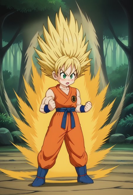score_9, score_8_up, score_7_up , , source_anime, intricate details, masterpiece, high quality, prefect hands, best quality,, 1girl, solo , anime screencap,
,Martial Arts , forest, muscle ,
, GGokuSS, blonde hair, green eyes, big eyeballs , spiked hair , long hair  ,  eyelash , lips  , cute , blush ,  small breast ,   chibi , <lora:GGoku-000003:0.7>,
orange dougi, blue sash, blue wristband, sleeveless , orange pants, orange topwear,   <lora:DBKiCharge_XLPD:1> , yellow aura, fighting stance, clenched hands, full body , open mouth