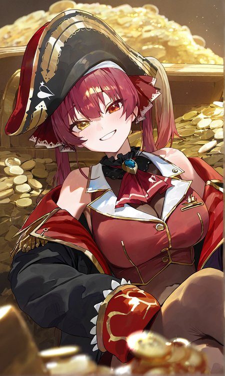 modare, hololive, houshou marine, houshou marine \(1st costume\), 1girl, breasts, cleavage, coin, crossed legs, gold, hat, heterochromia, large breasts, leggings, long hair, long sleeves, looking at viewer, lying, off shoulder, on gold, pile of money, pirate, pirate hat, red eyes, red hair, see-through cleavage, see-through clothes, sleeves past wrists, smile, solo, treasure, treasure chest, twintails, virtual youtuber, yellow eyes <lora:Artist_style_Modare__Mogoon_ã¢èª°_-_Illustrious-XL:0.1>