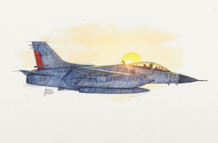 Sharp image of a rough sketch, rendered in vibrant multi colour ballpoint pen, capturing the adorable features of a fighter jet flying in the sky. The jet is grey in color with a red stripe on the tail and the number "ZZ" written on the side. It has a pointed nose and two engines. The cockpit is visible and there are two pilots inside the cockpit. The sky is clear and the sun is setting in the background, casting a warm glow on the jet.  p3nsk, <lora:p3nsk:1>