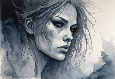 a watercolor painting of a female born in ashes, side view.
Her (ginger undone hair:1.2) covers part of her beautiful face and bare chest, cold blue eyes. 

There is diffuse, misty and smoky atmosphere around her, giving the picture a menacing element. 
The picture is photographed in a monochromatic scheme, mainly with shades of black, white and gray.
(dystopian style, highly detailed, bleak, post-apocalyptic, somber, dramatic)

