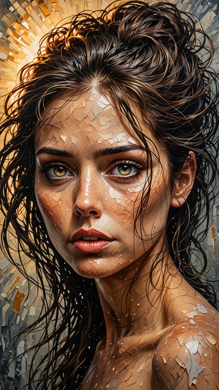 Stunning moody acrylic painting of an emotionally charged female portrait, tense, anguished, textured impasto, minimalism, thick and heavy strokes, gritty, sublime, aged, exotic, emotional, magical, elegant, gorgeous, majestic, mysterious, strongly lit, swirling, beautiful, shimmering, textured, mixed media, collage, edgy, realistic, moody, odd, strange, mysterious, eye catching, super cool, gossamer, ethereal, fantasy, award winning, thought provoking, hyper detailed face and eyes, highly detailed, beautifully lit, scattered light, sunbeams,