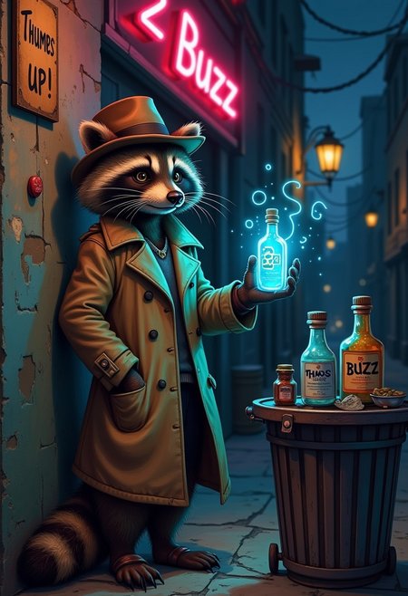A whimsical imagenious style painting depicting a sly raccoon in a trench coat and fedora, leaning against a dimly lit alleyway wall at night. There is a worn sign on the wall with the text “Thumbs up!”. One paw discreetly holds out a blue, glowing, mysterious vial labeled ‘2 Buzz.’ The raccoon’s eyes are shifty, glancing around to make sure no one is watching. Nearby, a trash can lid doubles as a table with other strange ‘buzz-related’ items for sale, lit faintly by a flickering neon sign overhead. The atmosphere is gritty and comically dramatic, emphasizing the raccoon’s sketchy nature.