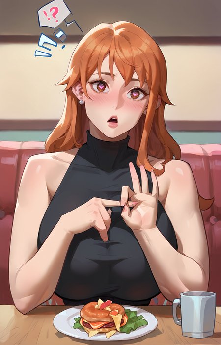 score_9, score_8_up, score_7_up, score_6_up,  uncensored, 1girl, detailed hands, nami, pale skin, bangs, ruffled hair, heart pupils, looking at viewer, sitting across table, dinner date, restaurant, surprised, head tilt, elegant black top, turtleneck, bare shoulders, 
question marks above head, breasts on table, leaning forward, huge breasts,
 <lora:m4rjinn_Style:1> m4rjinn <lora:floox style xl pd:0.35> floox style  <lora:Sex_Gesture_4:1.2> sger, hands <lora:sinfully_stylish_SDKL:1> dark dramatic lighting  <lora:add-detail-xl:1>