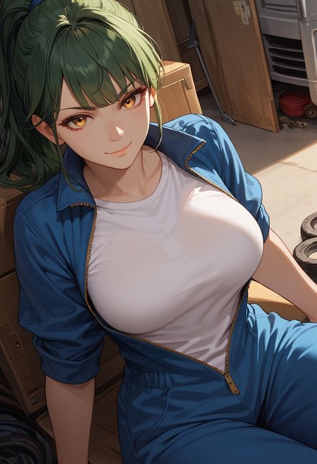 (score_9, score_8_up, score_7_up), 1girl, solo, green hair, amber eyes, long hair, ponytail, straight bangs, mechanic girl, 26 years old, large breasts,
fisheye, dutch angle, (face focus, close-up:1.1), 
rolled up sleeves, unzipped blue jumpsuit, dutch angle, (white t-shirt:0.8), from above,
smug, reclining, leaning back,
inside garage,