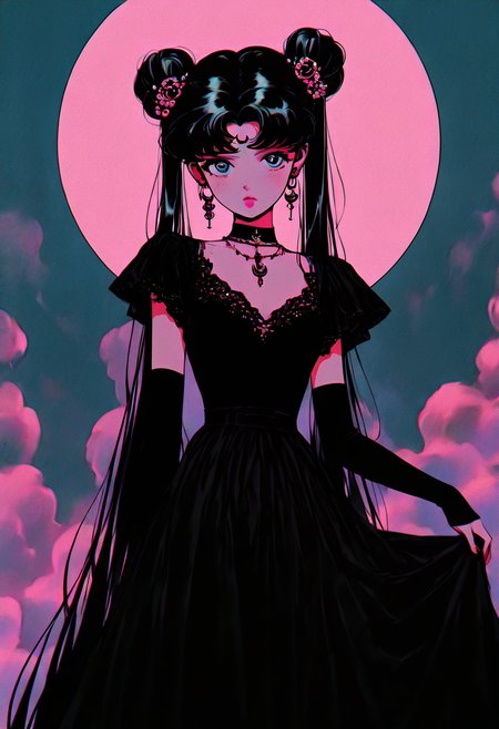 (masterpiece, best quality, good quality, very aesthetic, absurdres),    1girl, solo, eyelashes, (beautiful eyes),   pink neon,  1girl, solo, long hair, looking at viewer, bangs, blue eyes, black hair, hair ornament, dress, twintails, jewelry, very long hair, collarbone, earrings, detached sleeves, sky, alternate costume, choker, cloud, hair bun, black dress, parted bangs, double bun, facial mark, moon, crescent, full moon, forehead mark, black sleeves, film grain, crescent earrings, crescent facial mark, tsukino usagi, long hair, looking at viewer, blue eyes, black hair, hair ornament, very long hair, flower, short sleeves, parted lips, detached sleeves, alternate costume, hair flower, hair bun, black dress, parted bangs, double bun, facial mark, lace, forehead mark, skirt hold, limited palette, crescent earrings, crescent facial mark, tsukino usagi  ,<lora:GothRetroNAI:1.0>,