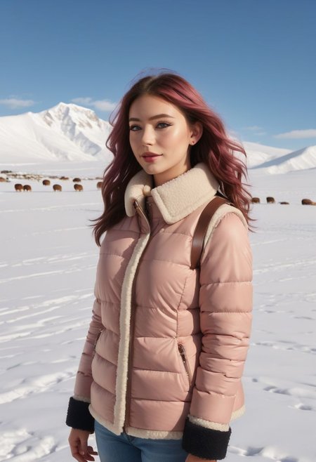 white Oversized shearling padded down vest, white Oversized shearling padded puffer vest, Oversized shearling padded winter clothes, very very cold, realistic, feet out of frame, standing, walking, 1girl, solo, masterpiece, illustration, beautiful detailed sky, beautiful-detailed eyes, eyeliner, eyelashes, arrogant, half-closed eyes, condescending look, condescending satisfied look, condescending light smile, seductive look, lookng at viewer, cinematic light, ultra detailed, disheveled hair, pink hair, long hair, light blue eyes, curly hair, pink choker, bracelet, wet, day, sky, sunlight, (pressure sherpa cuffs:1.8), (pressure sherpa collar:1.8), (Thick padded cuffs:1.4), (Thick padded collar:1.4), <lora:Collar-SDXL:0.75>, <lora:Cuffs-SDXL:0.75>, <lora:fashion_lora:0.6>