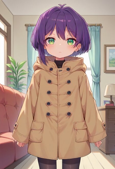 score_9, score_8_up, score_7_up, source_anime, masterpiece, <lora:Warui_Hito:1>, 1girl, solo, child, female child, purple hair, green eyes, ahoge, one earring, colored,  beautiful colors,
long brown coat, black pantyhose, 
standing, looking at viewer,
indoors, living room, <lora:Warui_Hito:1>